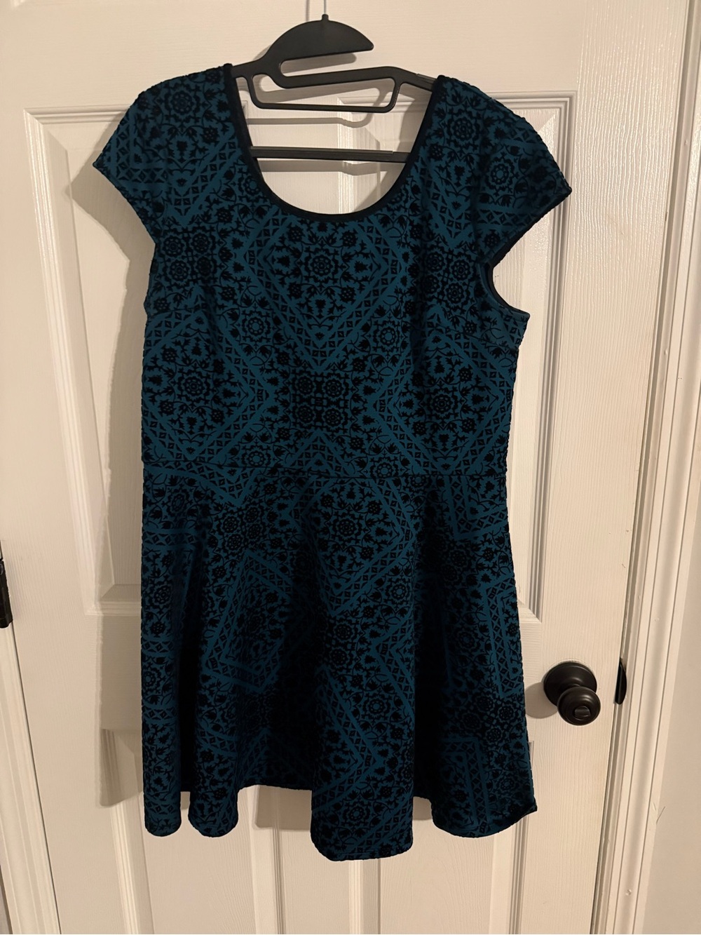 Teal and Black Cap-Sleeve Fit & Flare Dress